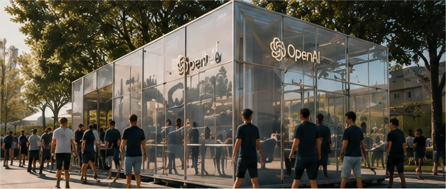 Glass pavilion with OpenAI branding at an outdoor activation